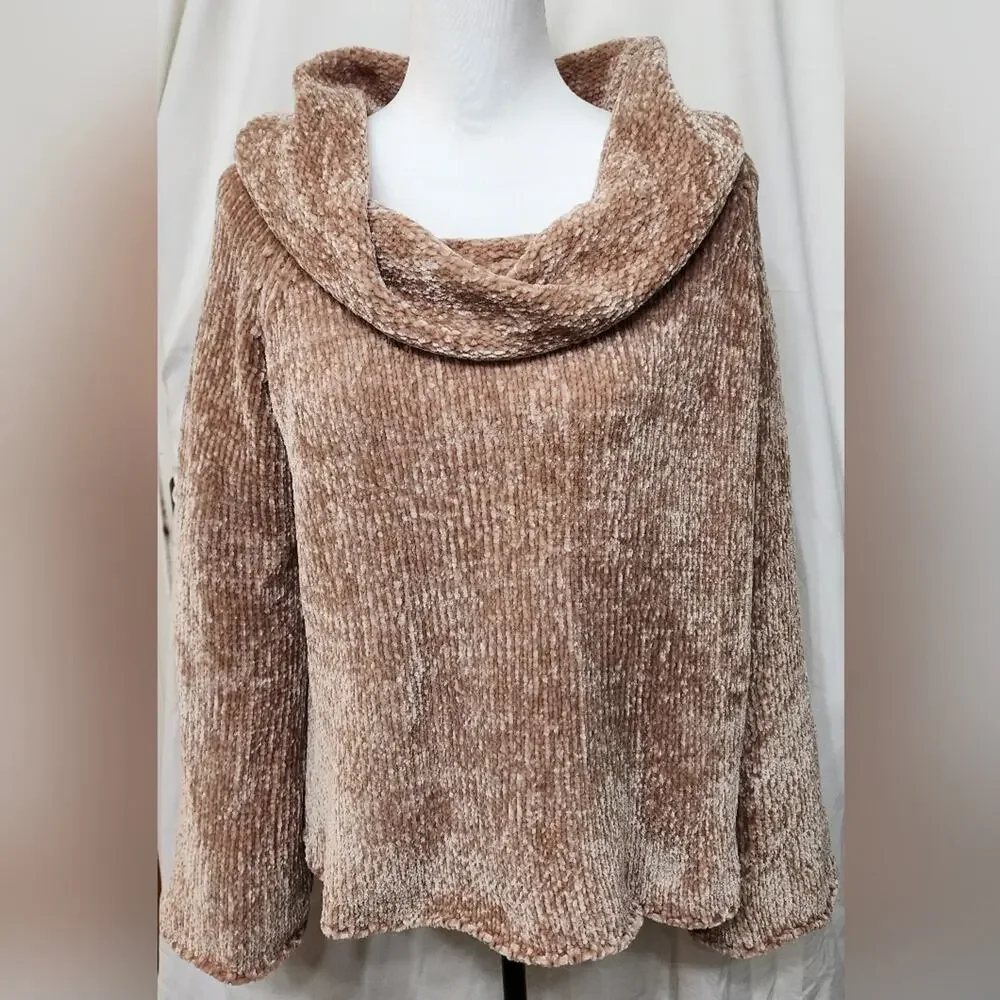 Listicle Cowl Neck Cozy Relax Fit Cottage Boho Cabin Sweater, Brown, Medium
